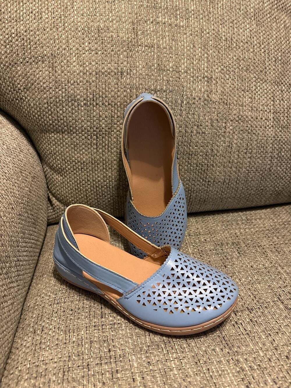 Light Blue Perforated Leatherette Slip-On Comfort Loafers. Summer. Bohemian.